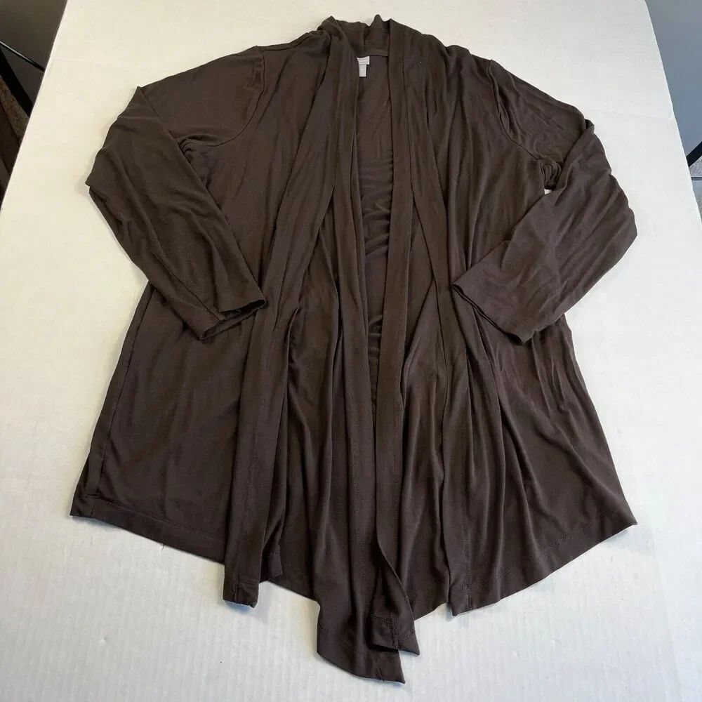 Chicos Draped Open Front Pleated Cardigan Brown Stretch Comfort Sweater 3 XL
